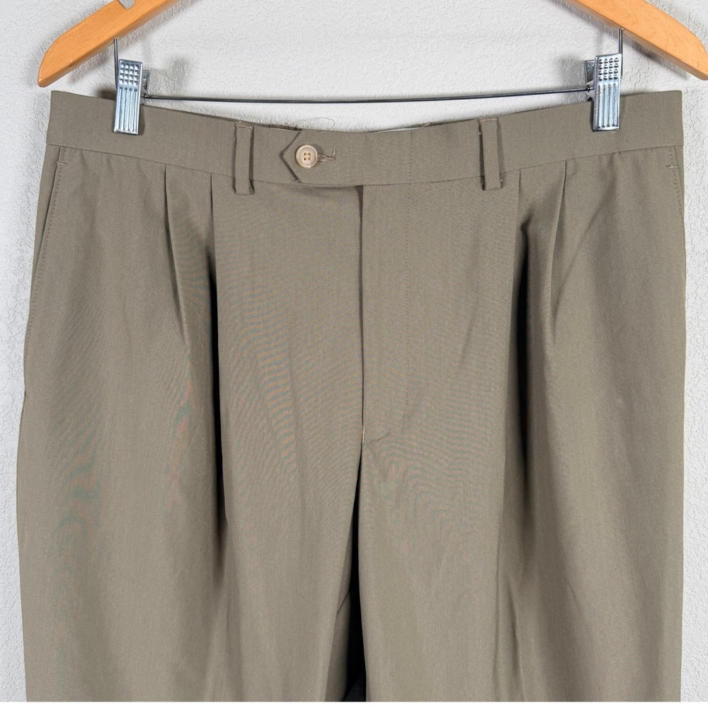 Ralph Lauren Pleated Dress Pants Mens 34x32 Olive Taupe Cuffed Trousers Stretch